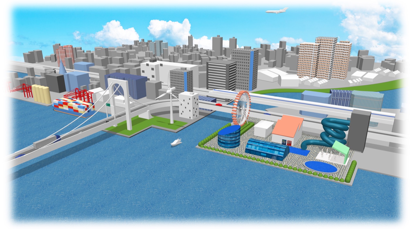 建物と橋、水辺を描いた街並みのパース